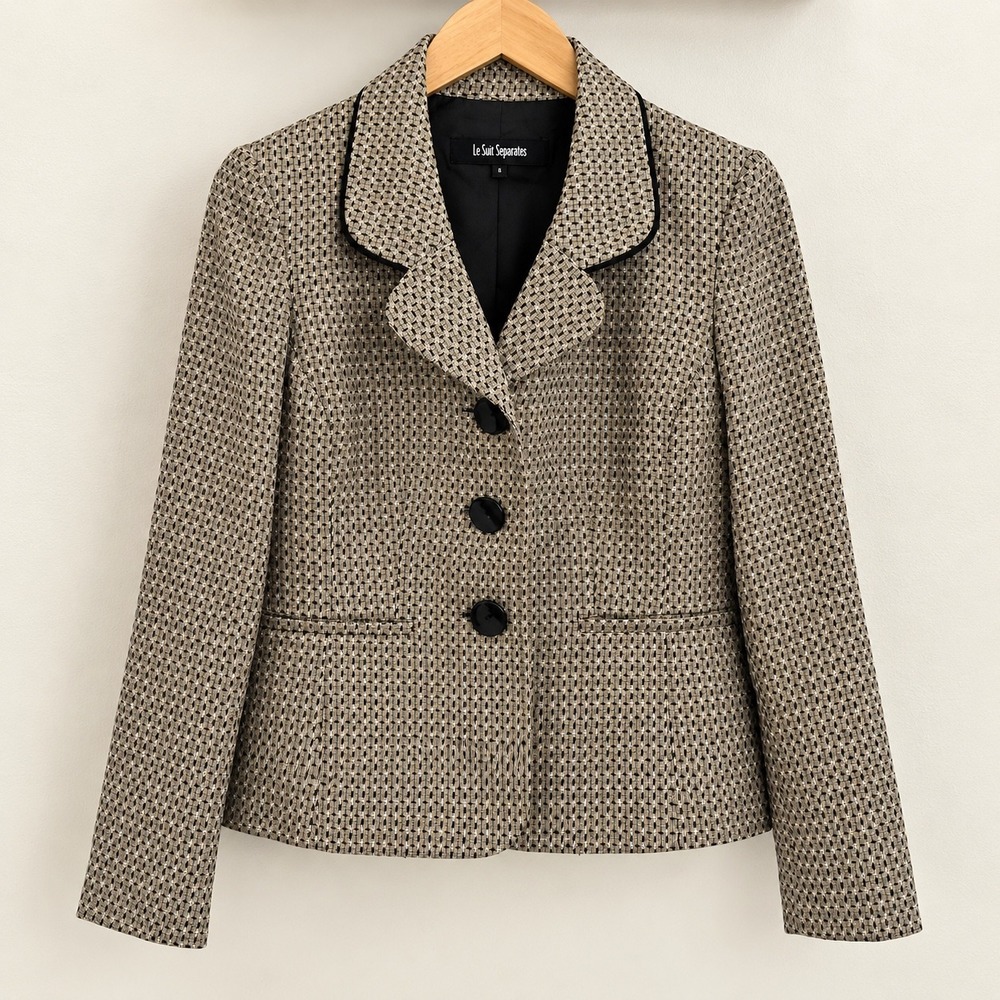Le Suit Separates Women 6P Tan Black Woven Geometric 3 Button Blazer Jacket